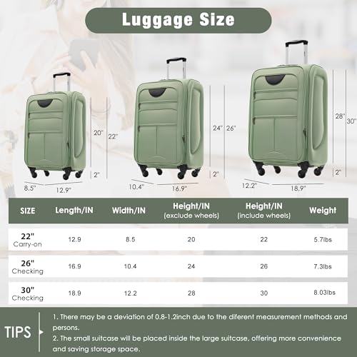 Softside Luggage Set Softshell Lightweight 3 Piece Spinner Suitcase (Softside Luggage(22/26/30) / Light Green)