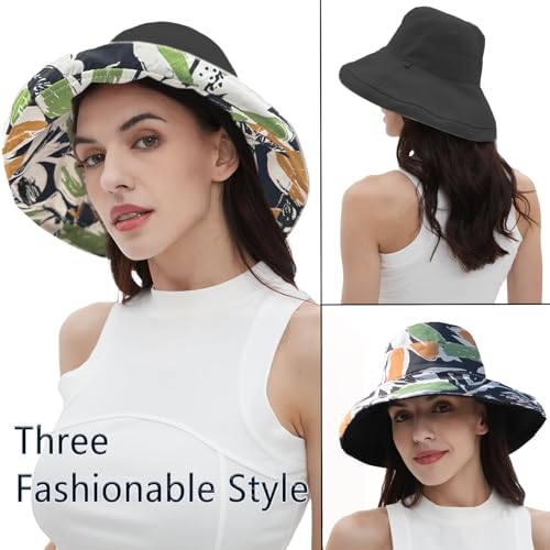 Womens Sun Hats Wide Brim Reversible Bucket Cotton Hat Packable Summer Travel Cap with Hat Clip (Medium / Black2)