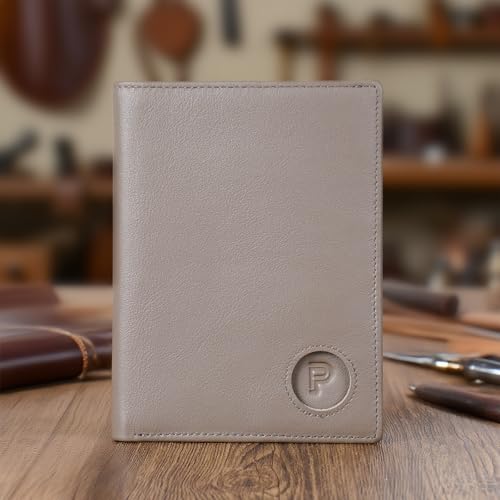 Polare Leather AirTag Passport Holder RFID Blocking Travel Bifold Wallet (Grey with AirTag Slot)