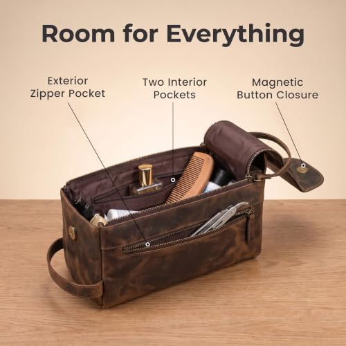 Genuine Leather Toiletry Travel Bag For Men & Women (Rustic Brown / 10"X5")