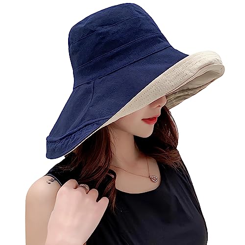 Women Summer Wide Brim Sun Hat Bucket Fishing Hats UV Protection (One Size / Lant001-navy)