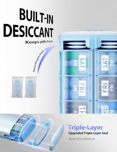Large Metal AM PM Pill Organizer 7 Day (Blue / Large - 26% More Capacity)