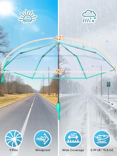 Windproof Travel Umbrellas for Rain and Sun (Clear-Mint / 1 PK)