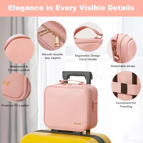 Travel Makeup Bag with Mirror Makeup Case with 8 Makeup Brushes (Pink With Brushes)