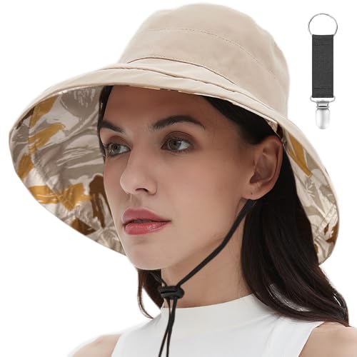 Womens Sun Hats Wide Brim Reversible Bucket Cotton Hat Packable Summer Travel Cap with Hat Clip (Medium / Khaki2)