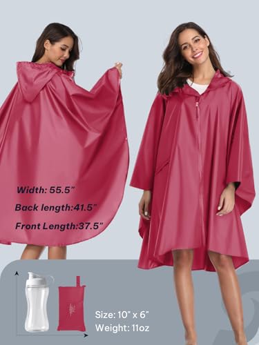 Adult Rain Poncho Waterproof Hooded Zipper Raincoat with Pockets (One Size / Rose Red)