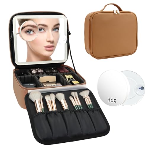 Travel Makeup Bag with LED Mirror and 10x magnifying glass with 3 Lighted Settings (Brown / With LED Mirror and 10x Magnifying Glass)