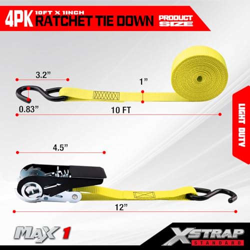 4 PK Ratchet Tie Down Straps (4PK-1Inch / Yellow)