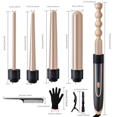 Curling Wand 5 in 1 Hair Curlers Iron Set with 5 Interchangeable Ceramic Tourmaline Barrel for Long Short Hair Styles Curling Irons Set Fast Heating Hair Cripmer for Women Gift (Champagne Gold)