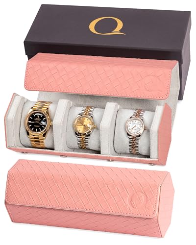 Ladies Leather Watch Roll Travel Case for 3 Watches (3 - Woven Pink / Gray)