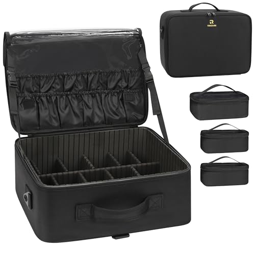 Large Makeup Case Travel Makeup Train Case Professional Makeup Artist Bag Portable Nail Organizer Box Art Supply Case with Adjustable Dividers (Black with 3 clear bags / Large)