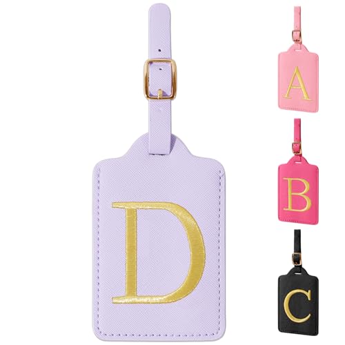 Personalized Initial Luggage Tags for Suitcase (Purple Leather,glod Letter / D)