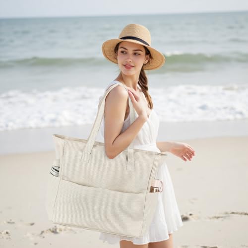 Waterproof Beach Tote Pool Bags for Women Ladies Extra Large Gym Tote Carry On Bag With Wet Compartment for Weekender Travel (S Khaki Stripes)