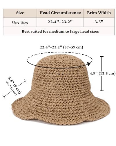 Womens Crochet Straw Sun Hat Foldable Floppy Wide Brim Beach Hat for Summer (One Size / Khaki)