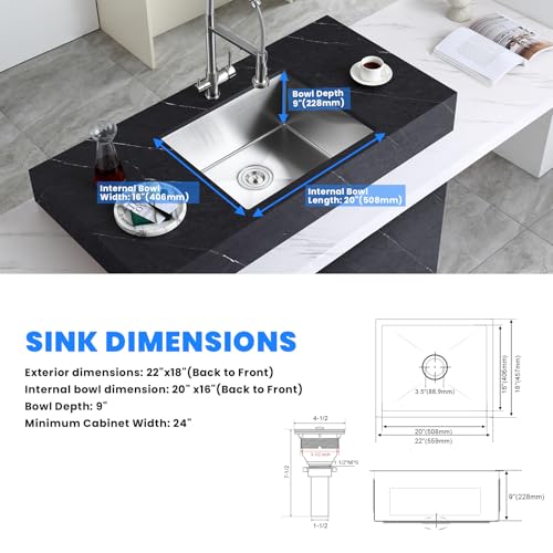 22×18 Inch Undermount Kitchen Sink (L 22"×W 18"×H 9" / Brushed)