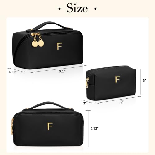 Initial Makeup Bag Personalized Gift for Women Teen Girls (Black / F)