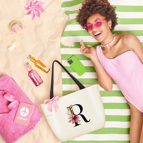 Tote Bag, A-Z Initial Monogrammed Waterproof Tote Bag, Bridesmaid Gifts for Women, Black and Pink (R, Beige) (Beige)
