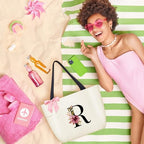 Tote Bag, A-Z Initial Monogrammed Waterproof Tote Bag, Bridesmaid Gifts for Women, Black and Pink (R, Beige) (Beige)