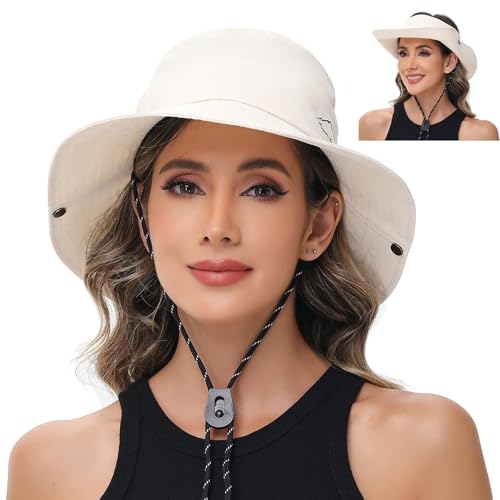 Sun Hats for Women Bucket Hat UV Protection Fishing Hat Wide Brim Safari Hats 2 in 1 Zip (1pack-beige)
