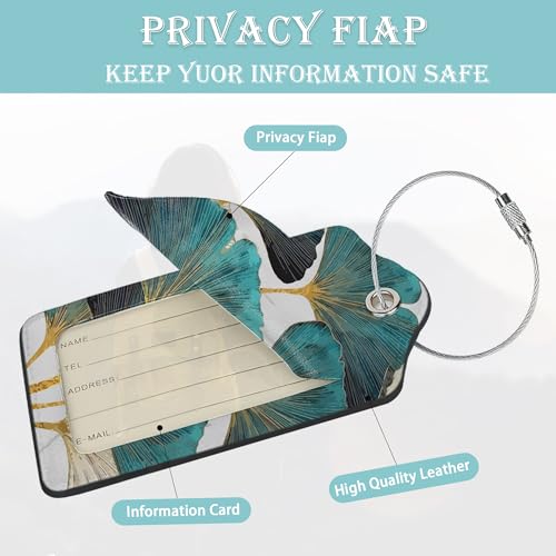 2 Pack Luggage Tag for Suitcases Green Ginkgo Leaf PU Leather Bag Travel Suitcase ID Identifier Baggage Tags for Women Men Travel (Green Ginkgo Leaf)