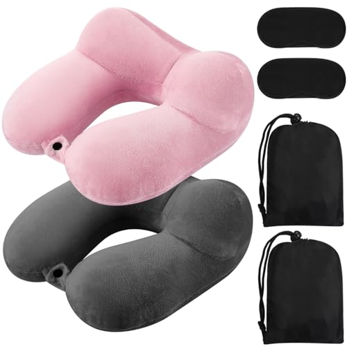 2 Pack Inflatable Travel Neck Pillow Airplane (Dark Gray,light Pink)