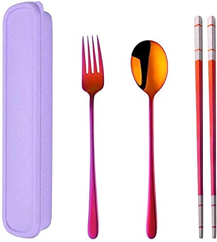 3 PCS Outdoor Flatware Set Fork Spoon Chopsticks (Red)
