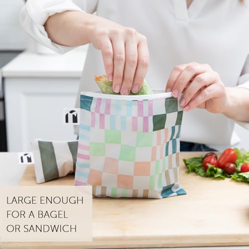Roamio Reusable Sandwich and Snack Bags (D2 Grn Stipe & Multi Check-Lg)
