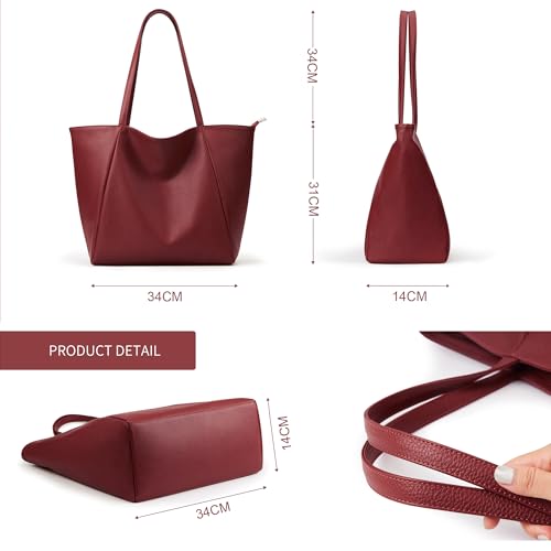 Large Tote Bag Vegan Leather Casual Zipper Work Bag Weekender Hobo for Women 27L Oversize Shoulder Travel Purse (Wine Red)