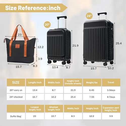 Luggage Sets Front Opening (2-piece Set / Black+bag)