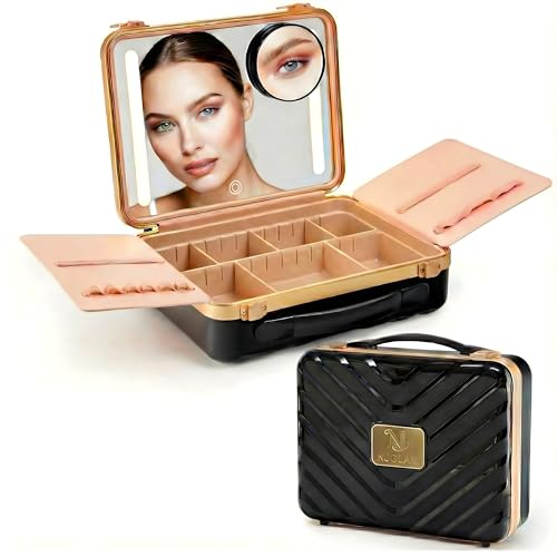 Lighted Makeup Case with Mirror + 10x Mini Mirror (Black)