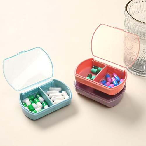 4PCS Small Pill Case Travel Pill Box Cute Pill Organizer for Purse Portable Daily Medicine Organizer 2 Compartment Pill Holder for Vitamins (Blue 4pcs)