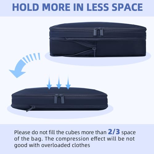 4 Set/6 Set/8 Set Compression Packing Cubes Travel Accessories Expandable Packing Organizers (Square Mesh, 06-Navy) (06-Navy / Square Mesh)