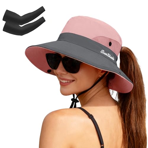 Women's Ponytail Safari Sun Hat (6 3/4-6 7/8 / 1-pink/Arm Sleeves)