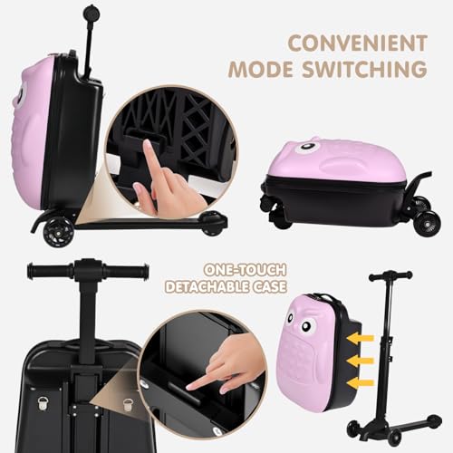 Detachable Scooter Suitcase for Kids & Teens (Pink Owl / 22-inch)