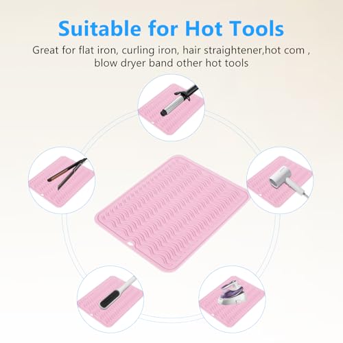 Heat Resistant Mat Oversize Curling Iron Mat Silicone Hot Hair Tools Mat for Hair Straightener (Pink)