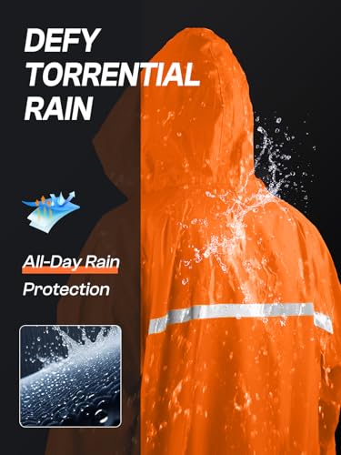 Mens Long Hooded Safety Rain Jacket Waterproof Emergency Raincoat Poncho (Medium / Orange)