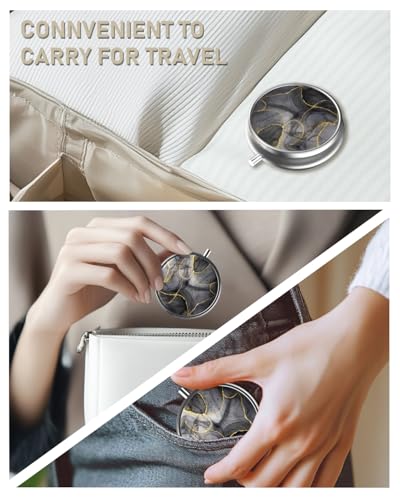 Pill Box 3 Compartment Portable Travel Medicine Box with Mirror (Black Gold Marble)