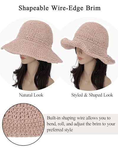 Womens Crochet Straw Sun Hat Foldable Floppy Wide Brim Beach Hat for Summer (One Size / Pink)