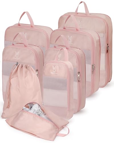 8 Set Space Saving Compression Packing Cubes Lightweight Packing Cube Pink (Pink / 8 Pcs(XL,L*2,M*2,S,laundry bag,shoes bag))