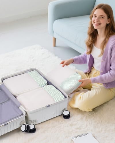 Compression Packing Cubes for Women Kids (B-Mint Green Stripe / 6 Set)