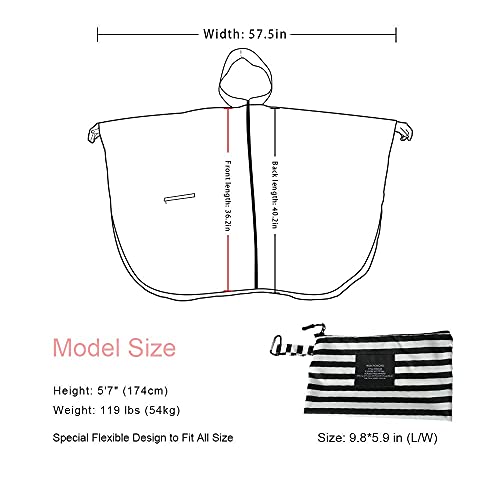 Rain Poncho Jacket Coat Hooded Zipper Style for Women (One Size / Black/White Stripes)