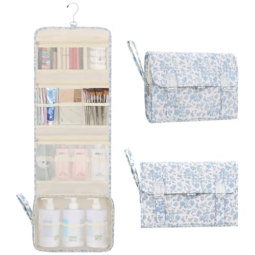 Travel Toiletry Bag with Hanging Hook (01 Blue Flower / X Large)