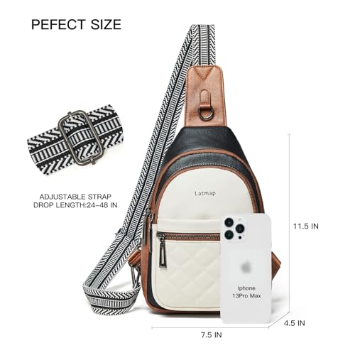 Sling Bag For Women Fanny Pack Crossbody Travel Shoulder Belt Bags Tote Backpack Purse Faux Leather (Black & White W/Brown Trim)