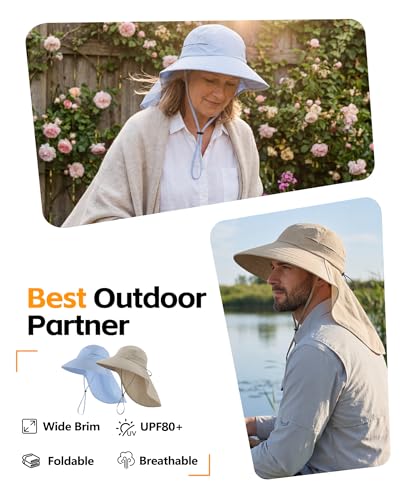 UPF 80+ Sun Hat for Men Women Wide Brim Sun Hat with Neck Flap Summer Safari UV Protection Gardening Fishing Hat Light Grey (Light Grey)