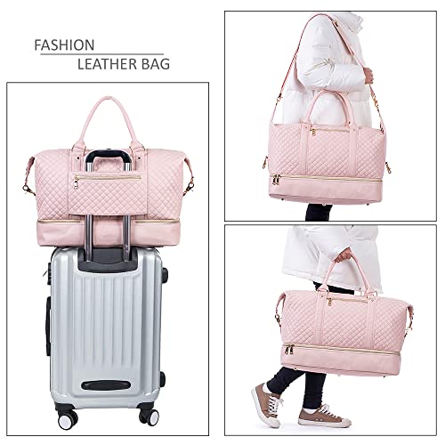 Leather Travel Bag with Shoe Pouch (Color / Pink)