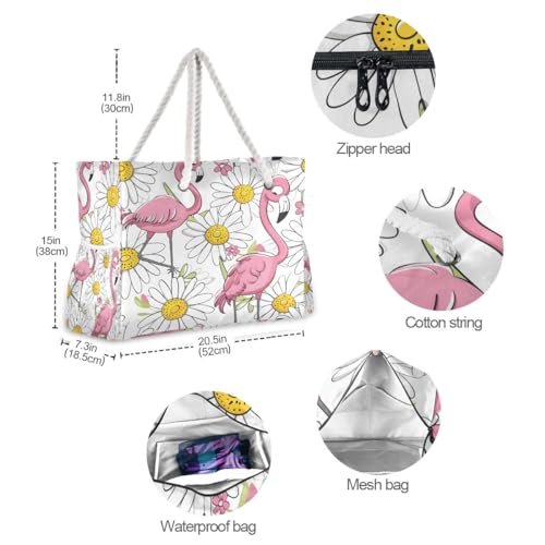 Large Beach Bags Totes Canvas Tote Shoulder Bag Soft Wave Water Resistant Bags for Gym Travel Daily Ocean (Flamingo)