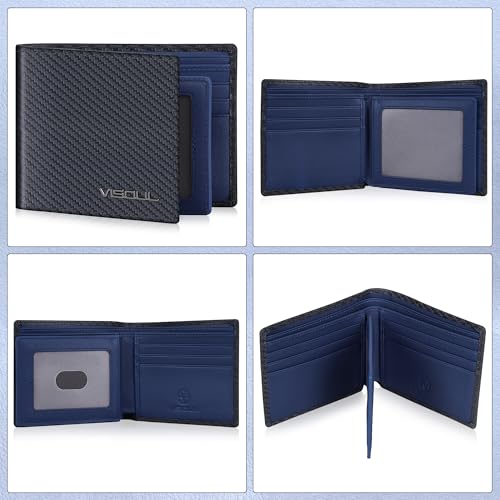 Leather Mens Bifold RFID Blocking Wallet with 2 ID Windows (Black+Blue)