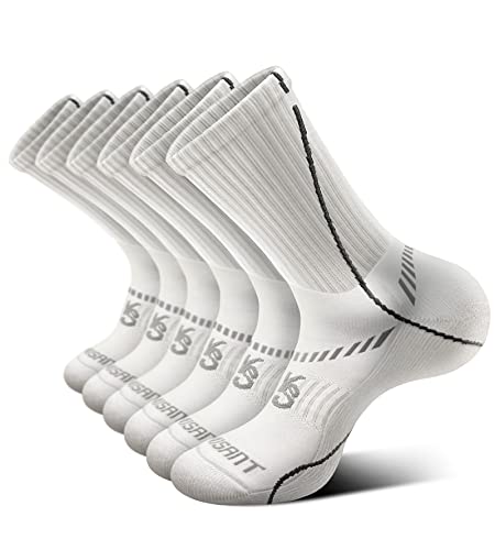 Men 6 Pack Athletic Compression Crew Socks for Running Gym Sports (7-8 / White 4134)