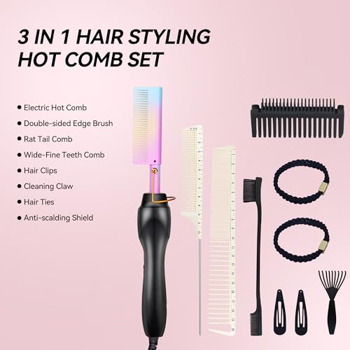 Electric Hot Comb Hair Straightener Heat Pressing Comb Curling Flat Iron Curler Hair Straightener Brush for Natural Black (Multicolored)