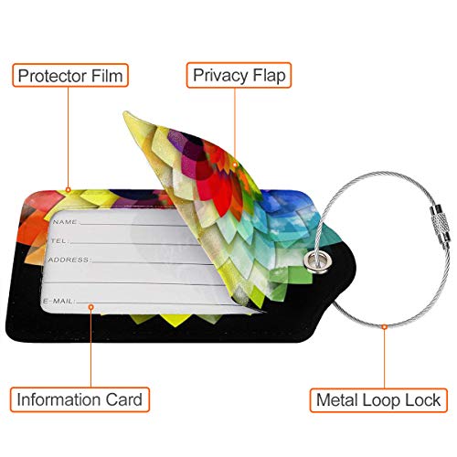 2 Pcs Luggage Tags for Suitcases PU Leather Luggage Tag with Privacy Cover Label Address Card and Durable Metal Ring Suitable for Suitcase Bag Handbags Backpacks Travel Accessories (Rainbow Flower)
